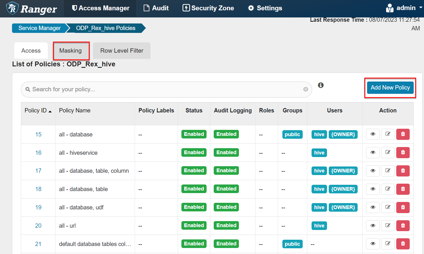 Interface displaying security policy list.
